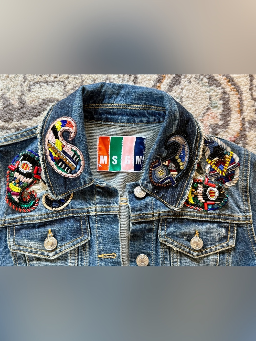 MSGM Beaded Embellished Designer Denim Jacket Size 38 XS Made in Italy - Picture 2 of 10